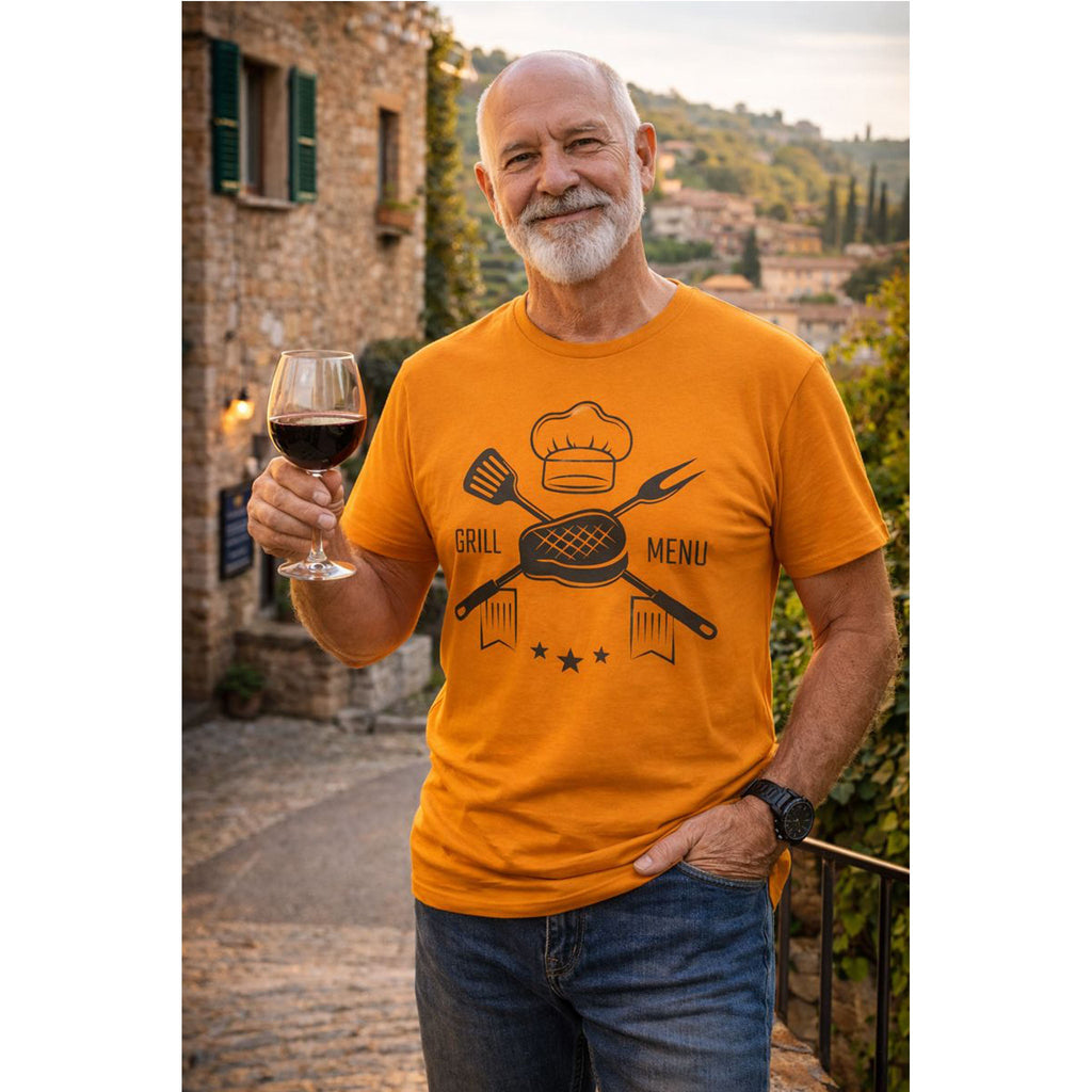 BBQ Grill Menu T-Shirt – Chef Hat & Grilling Utensils Grafik-T-Shirt