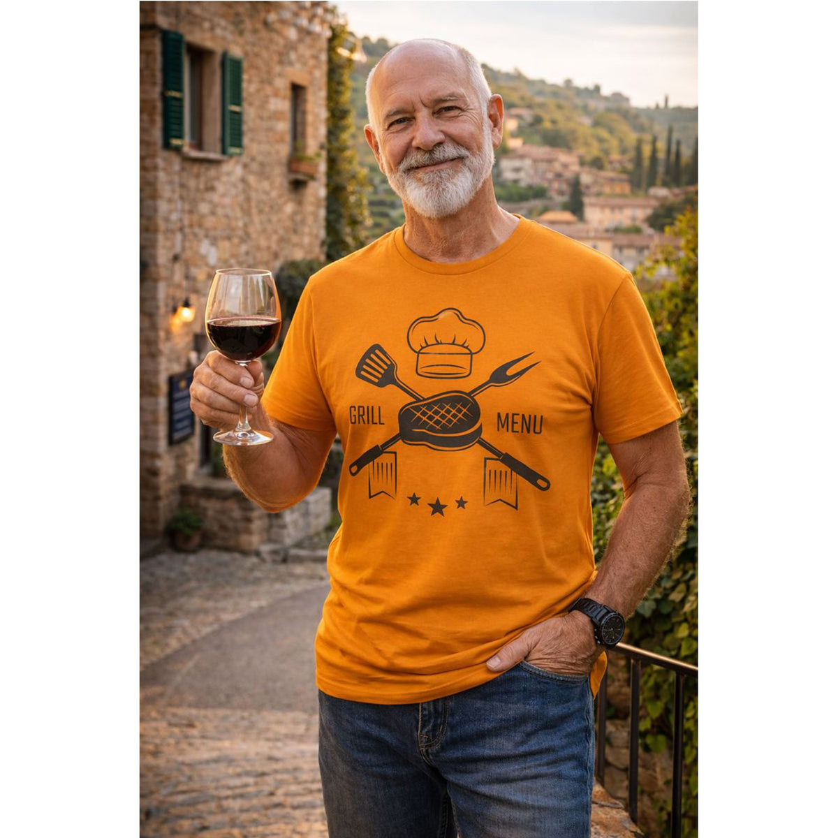 BBQ Grill Menu T-Shirt – Chef Hat & Grilling Utensils Grafik-T-Shirt