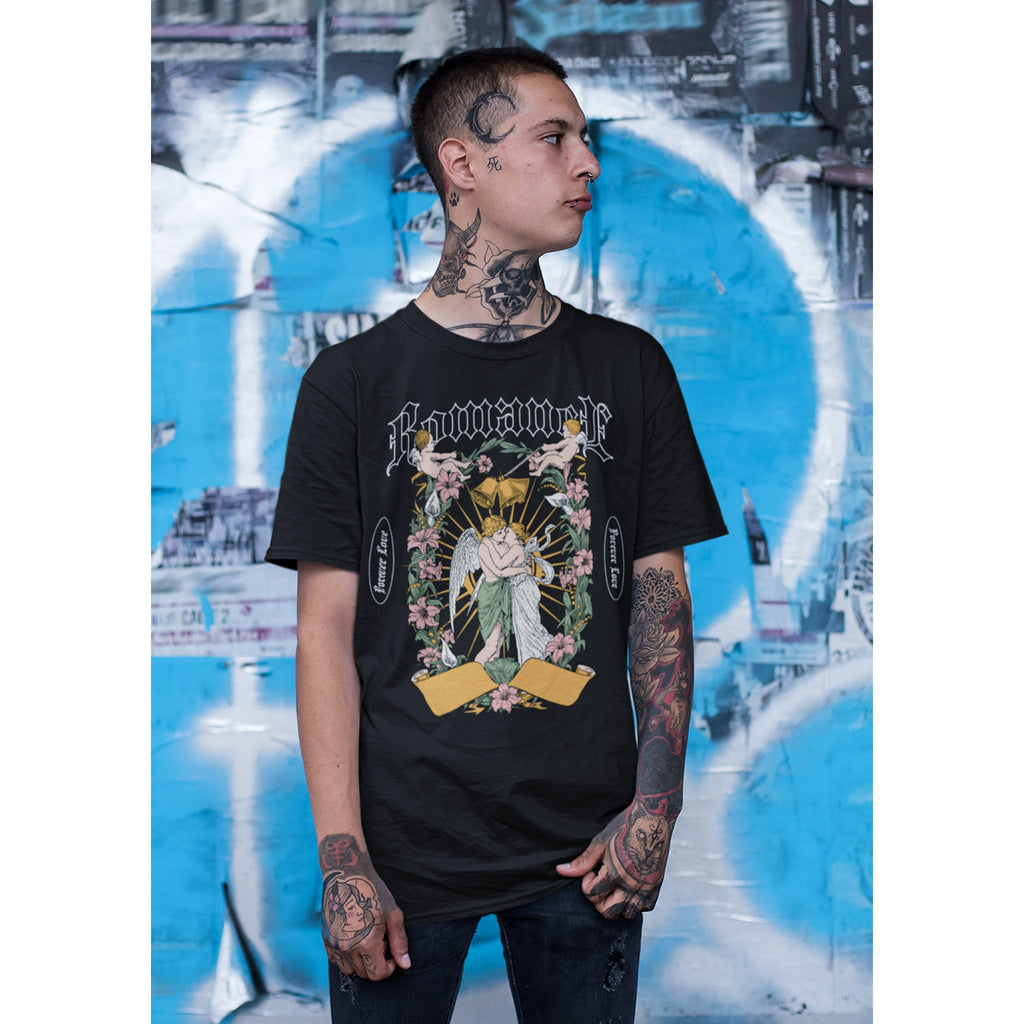 Gothic Floral Angel “Romancer” T-Shirt – Dark Vintage Unisex Grafik-T-Shirt