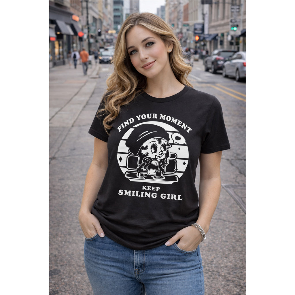 Keep Smiling T-Shirt – Vintage Girl & positiver Spruch Grafik-T-Shirt