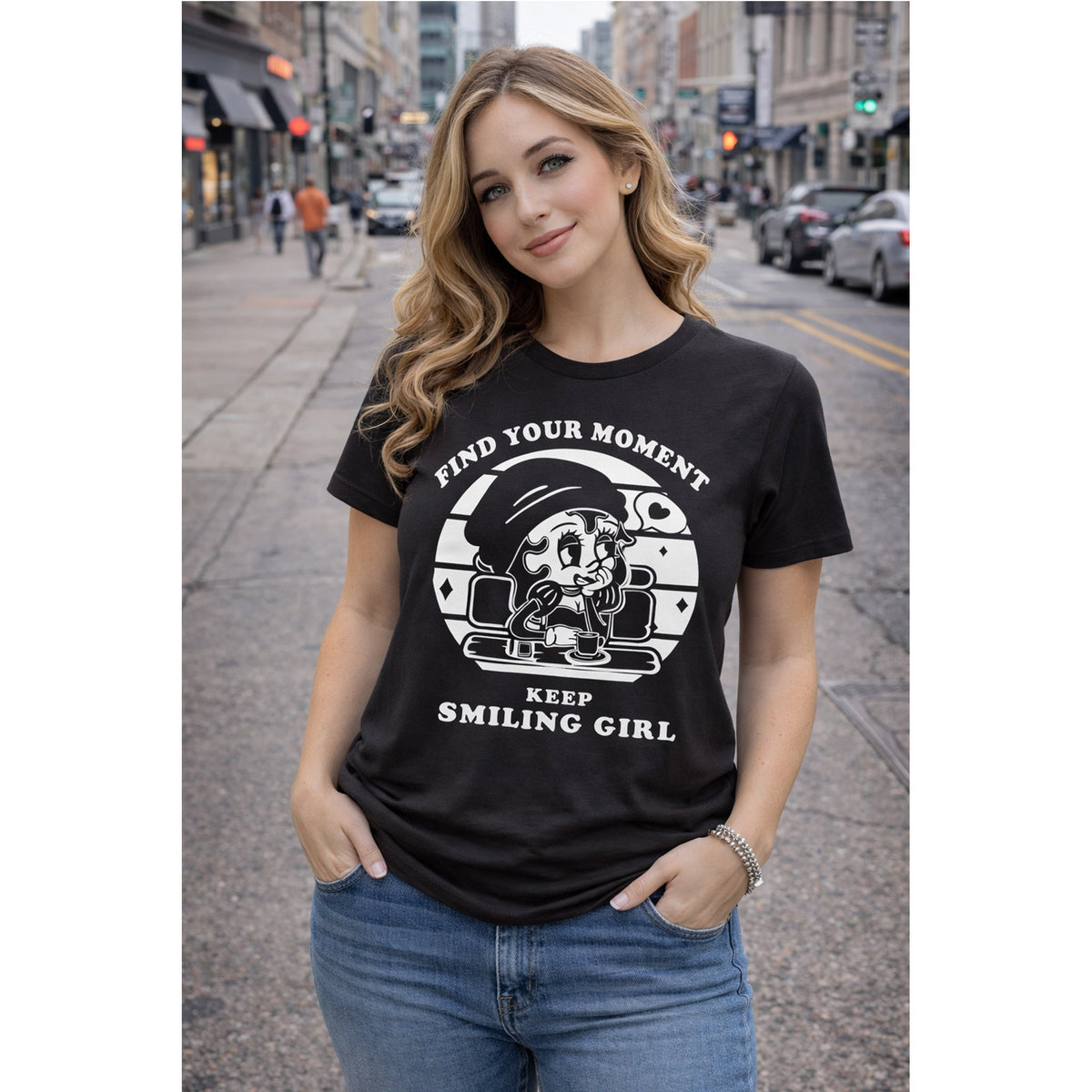 Keep Smiling T-Shirt – Vintage Girl & positiver Spruch Grafik-T-Shirt