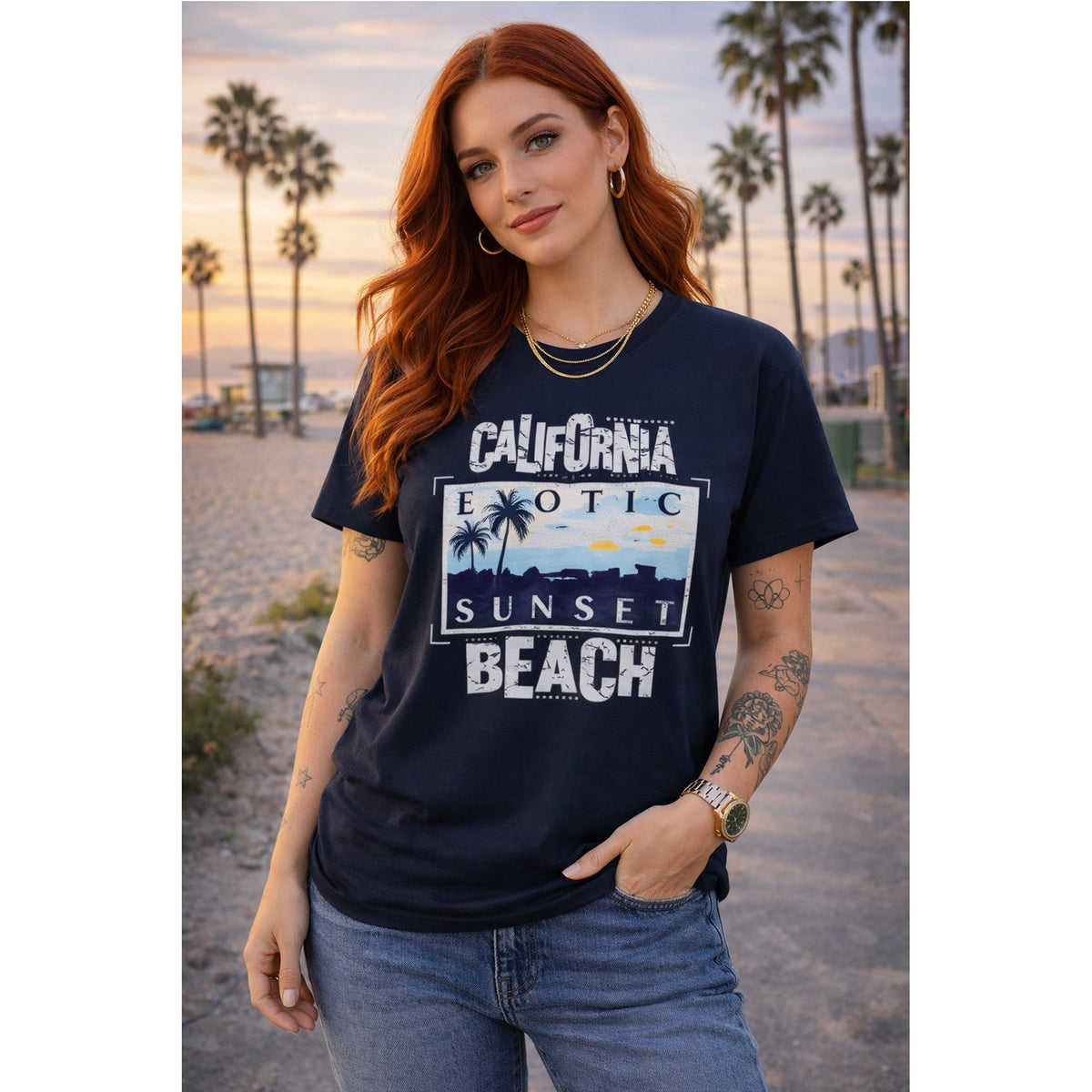 Kalifornien Strand T-Shirt – Sonnenuntergang & Küste Grafik-T-Shirt