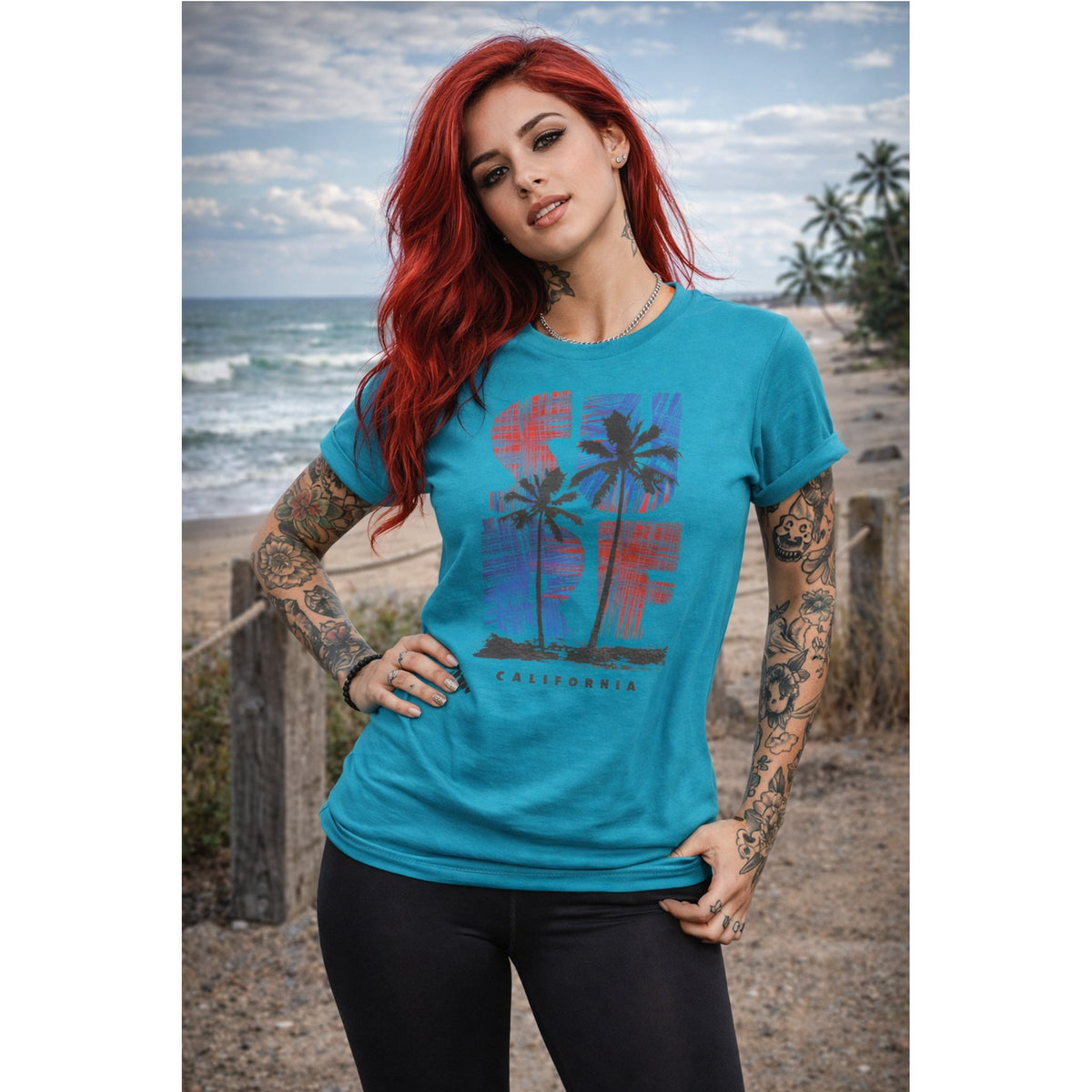 California Surf T-Shirt – Retro Surfbrett & Palmen Grafik-T-Shirt