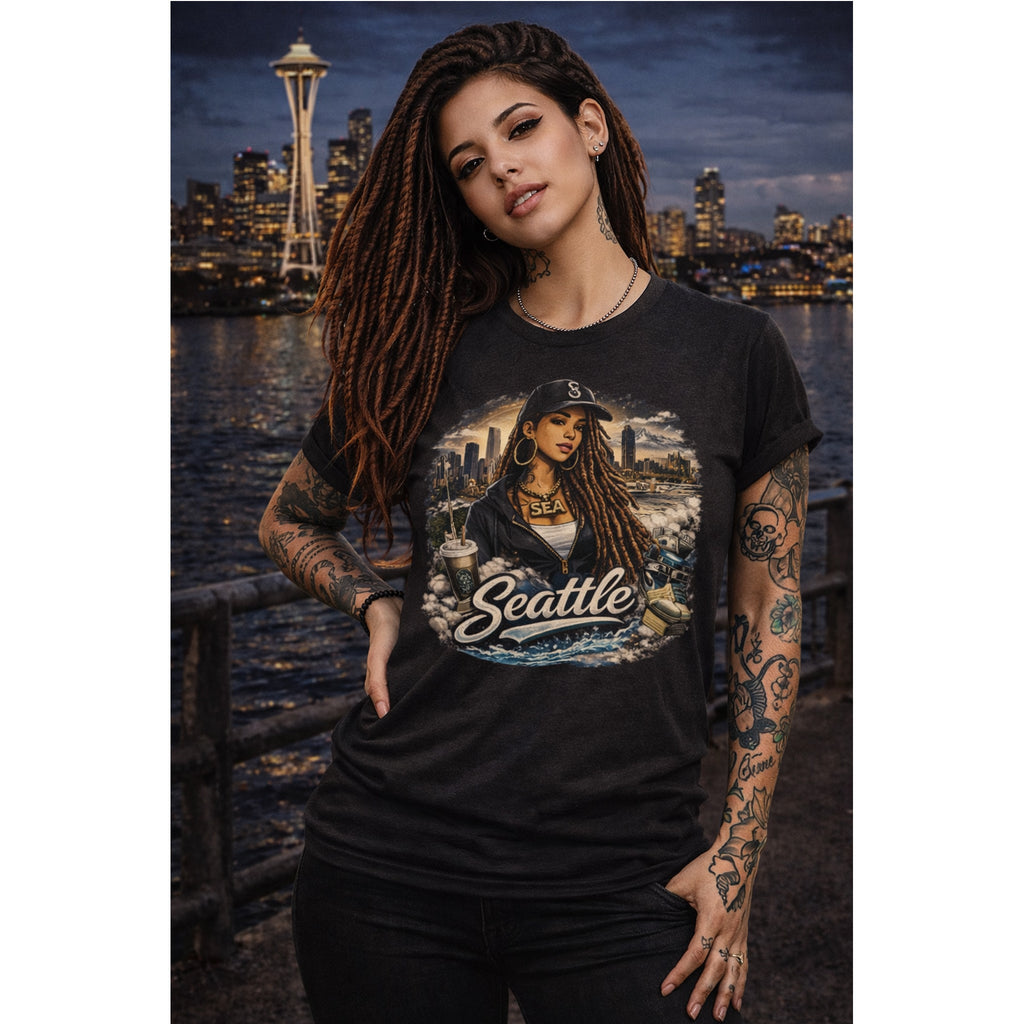 Seattle T-Shirt – Vintage Skyline, Kaffee & Porträt Grafik-T-Shirt