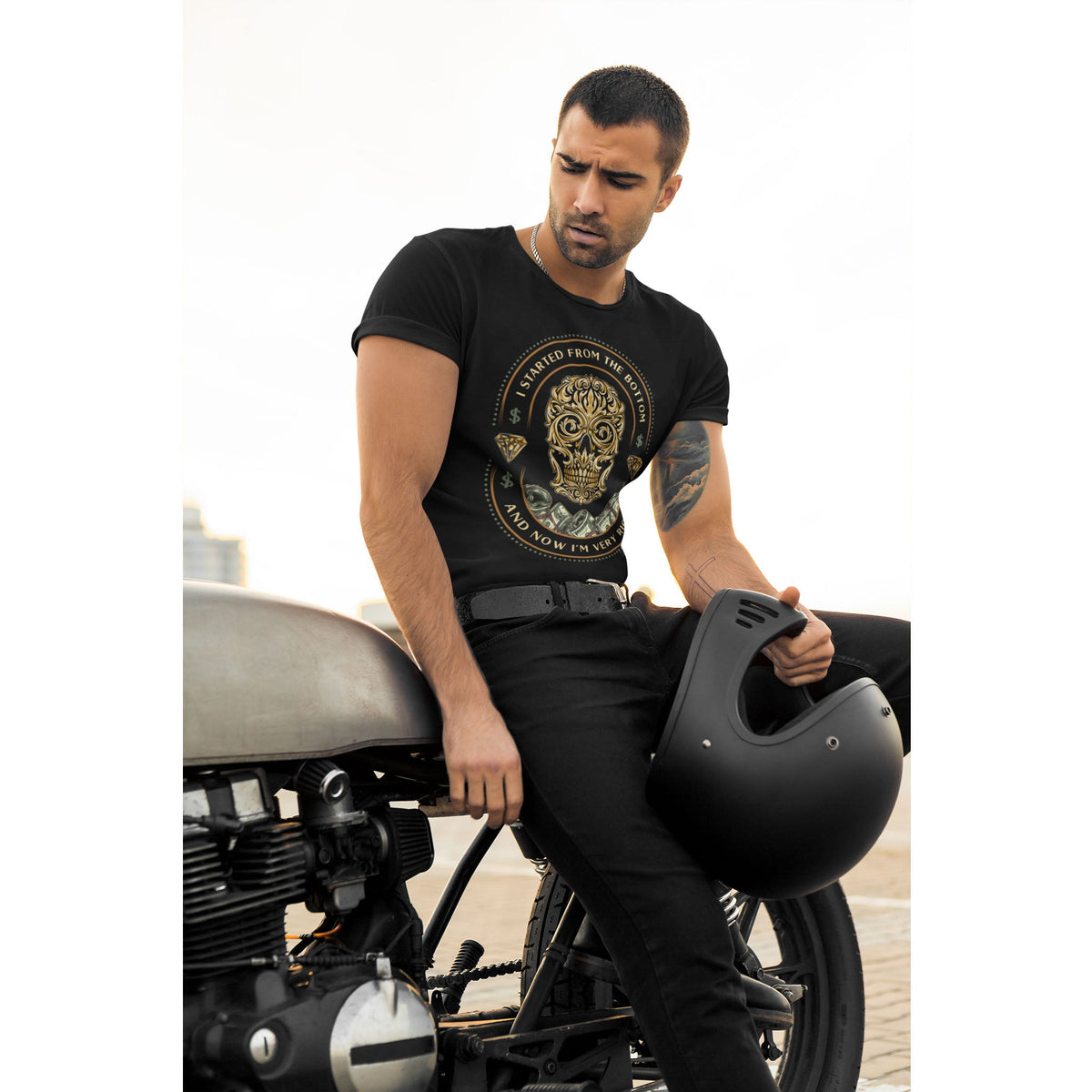 “Started From the Bottom” Skull T-Shirt – Vintage Biker Grafik-T-Shirt