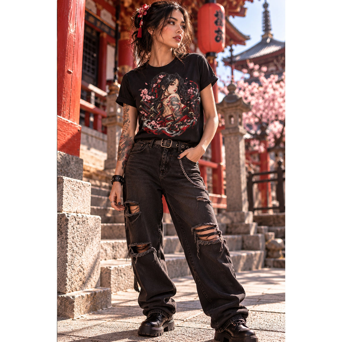 Japanese Samurai Girl T-Shirt – Dunkler Anime-Krieger Grafik-T-Shirt