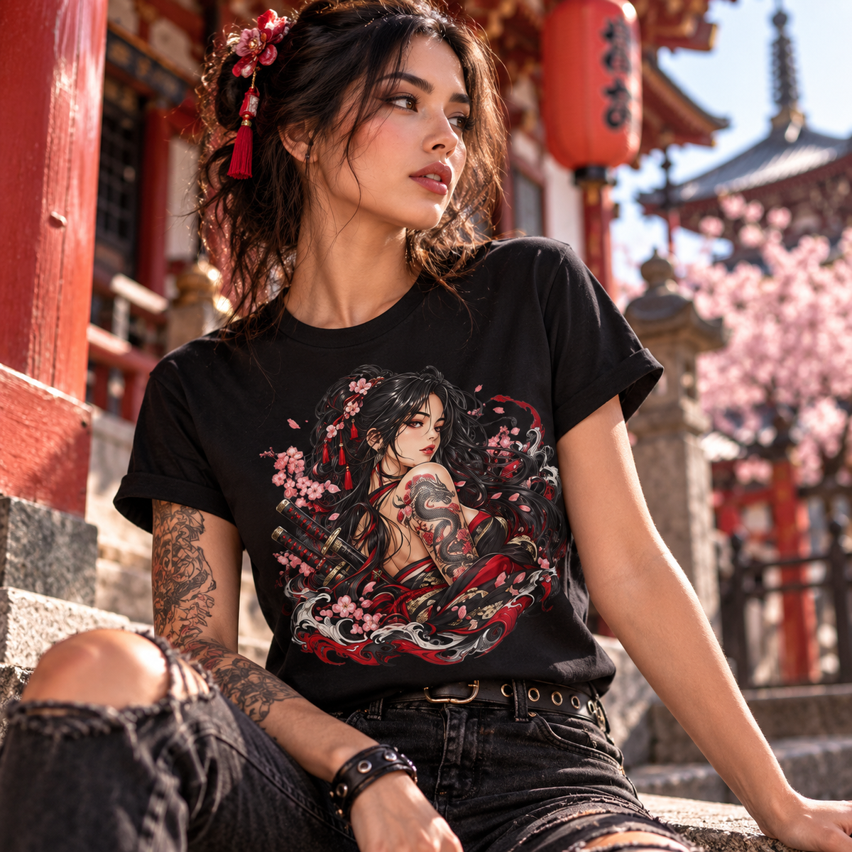 Japanese Samurai Girl T-Shirt – Dunkler Anime-Krieger Grafik-T-Shirt