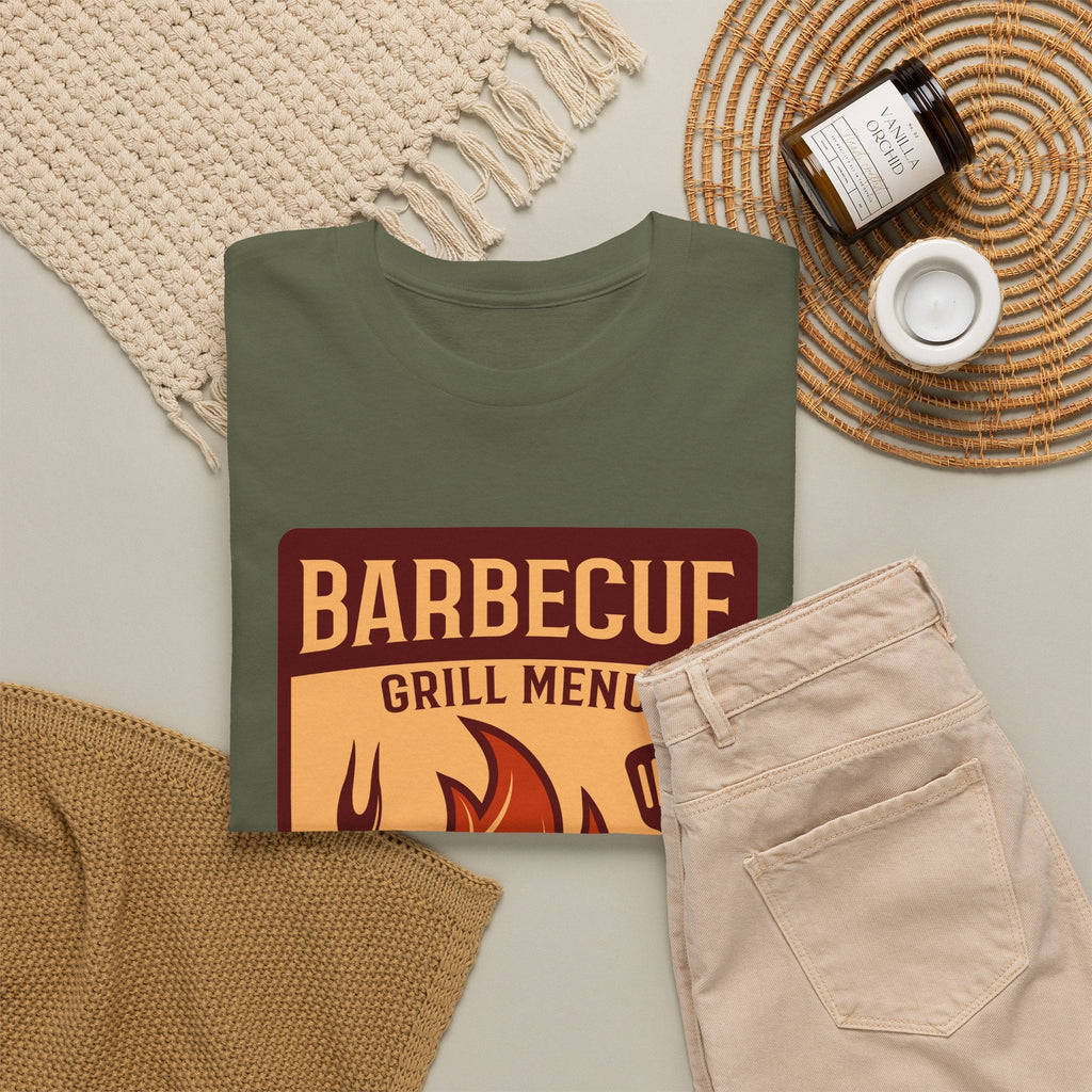 BBQ Grill Menu T-Shirt – Flammen & Grillbesteck Grafik-T-Shirt