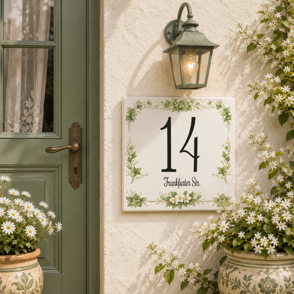 Personalisiertes Hausnummernschild – Bemaltes Keramikdesign P2