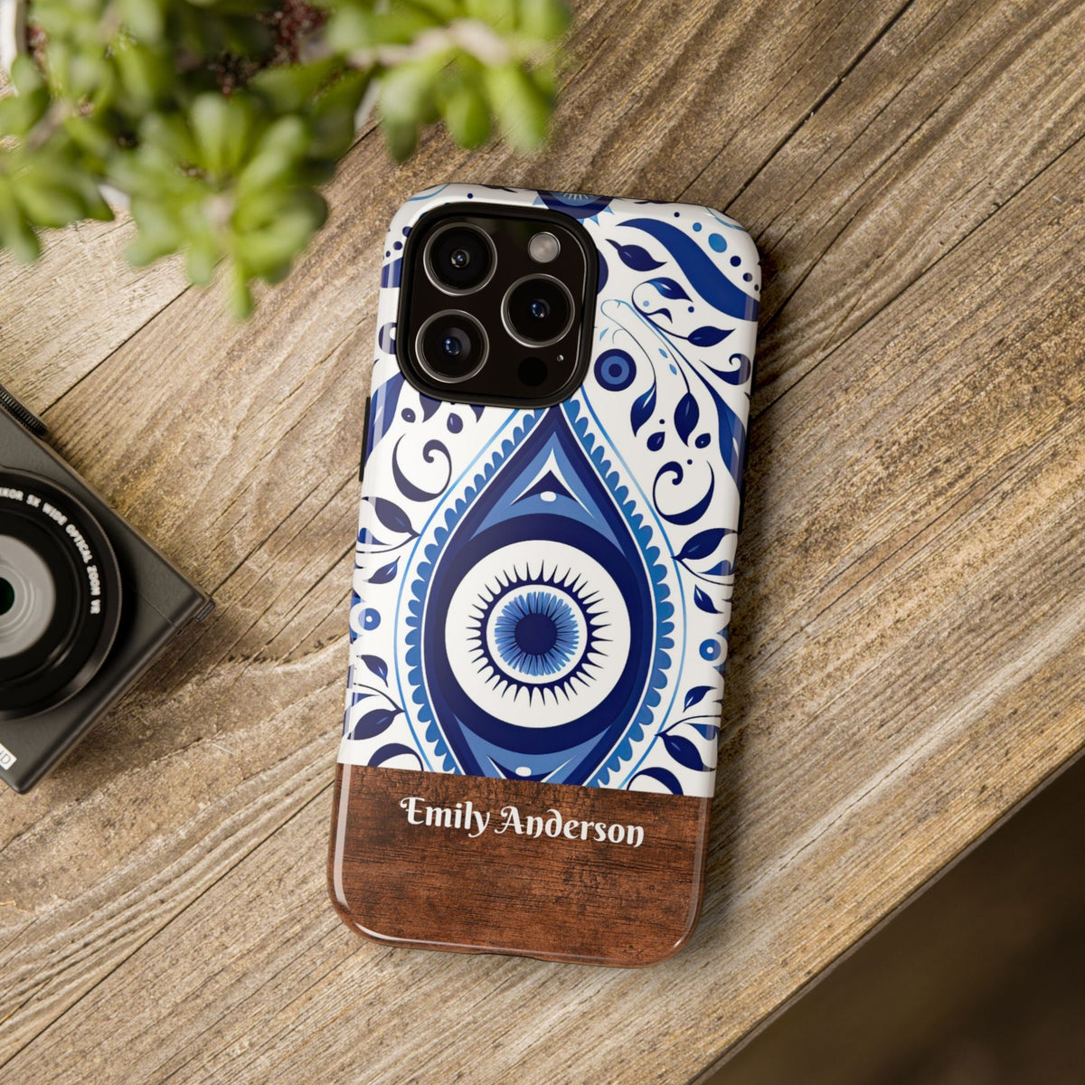 Personalisierte Blaue Fliesen Handyhülle mit Namen – Mediterranes Blumendesign