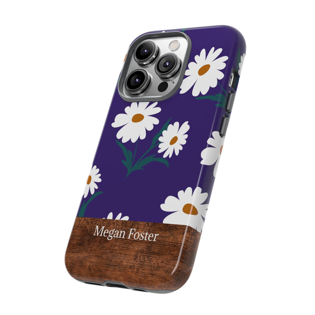 Personalisierte Gänseblümchen Handyhülle mit Namen – Robuste Handyhülle mit lila Blumen & Holzoptik