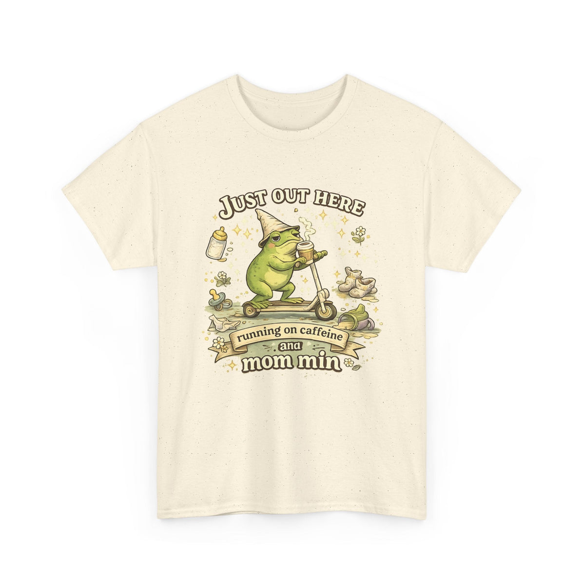 “Running on Caffeine & Mommin’” T-Shirt – Lustige Mama, Kaffee & Frosch Grafik-T-Shirt