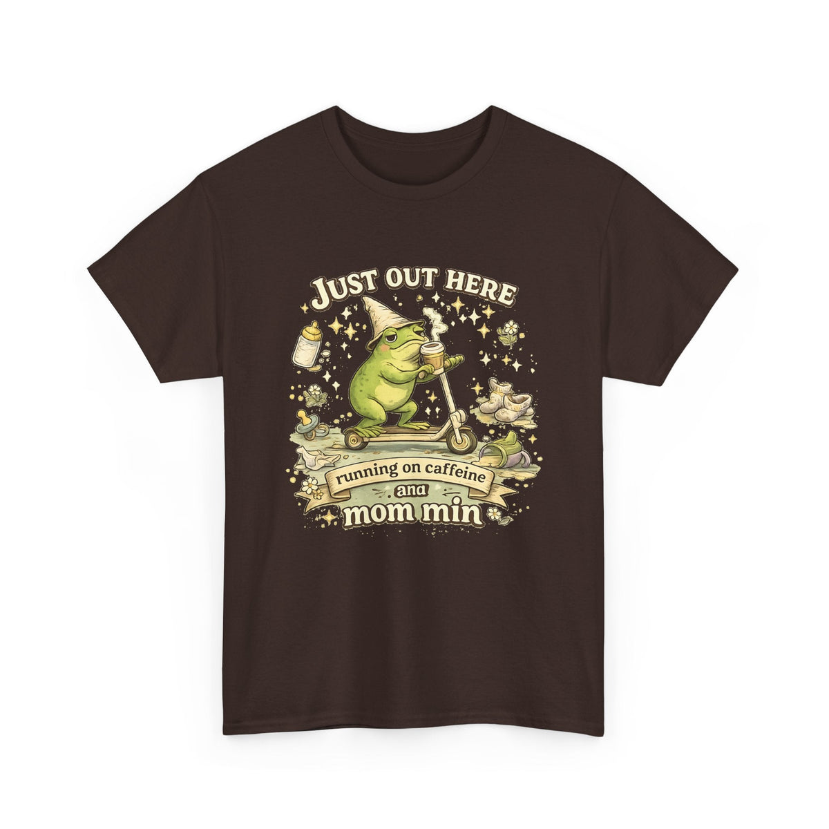 “Running on Caffeine & Mommin’” T-Shirt – Lustige Mama, Kaffee & Frosch Grafik-T-Shirt