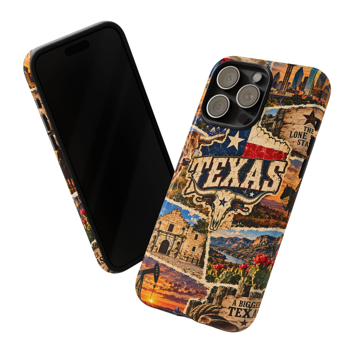 Texas-Reise-Collage Handyhülle – Robuste Handyhülle im Western-Vintage-Stil