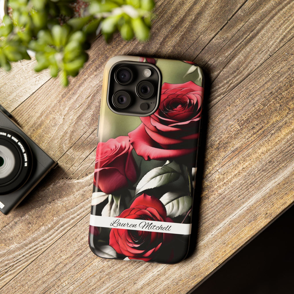 Personalisierte Rote Rose Handyhülle mit Namen – Robuste Handyhülle mit Blumen