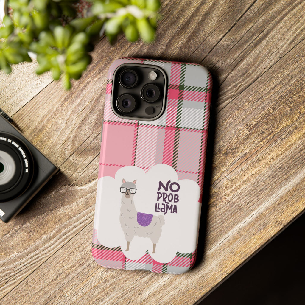 No Prob-Llama Handyhülle – Robuste Handyhülle mit rosa Karo & lustigem Lama