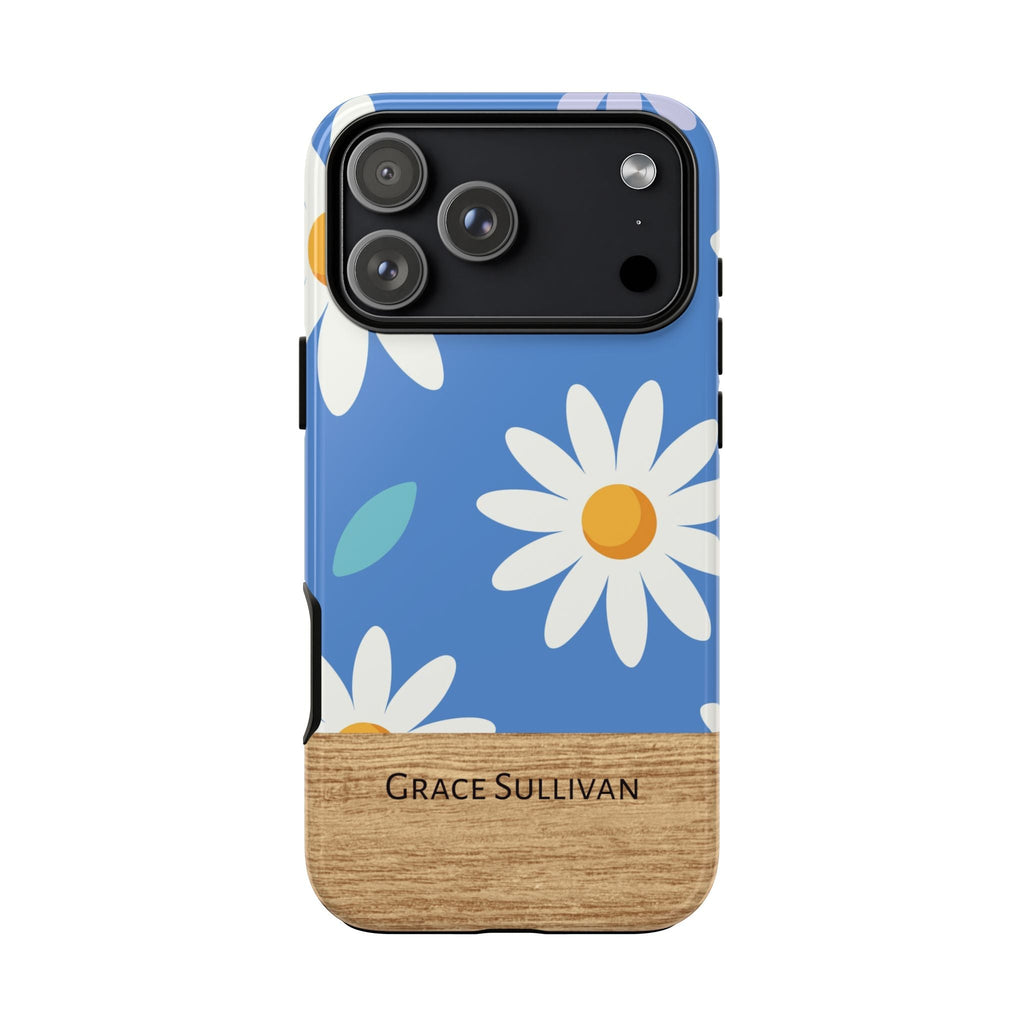 Personalisierte Gänseblümchen Handyhülle mit Namen – Robuste Handyhülle mit blauen Blumen & Holzoptik