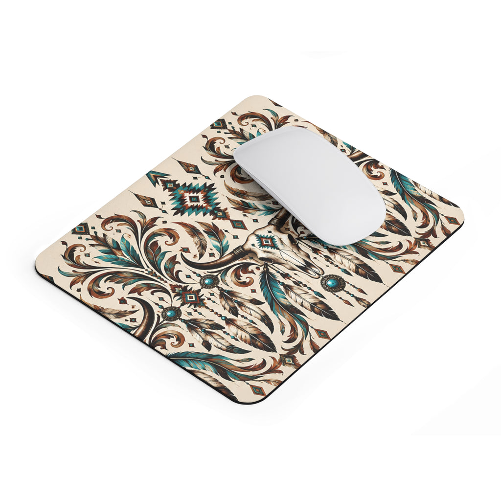 Western Longhorn Mousepad – Boho Design mit Federn