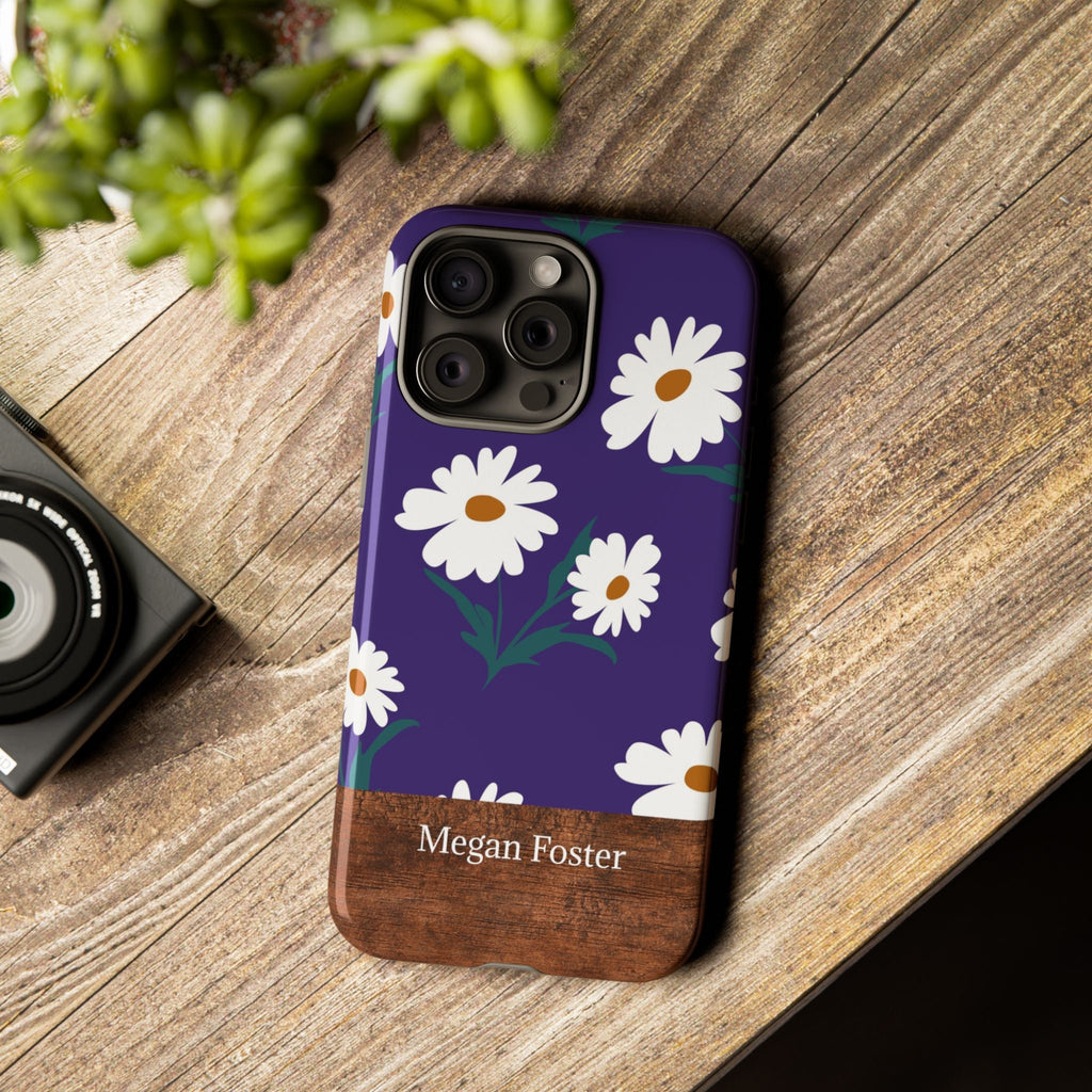 Personalisierte Gänseblümchen Handyhülle mit Namen – Robuste Handyhülle mit lila Blumen & Holzoptik