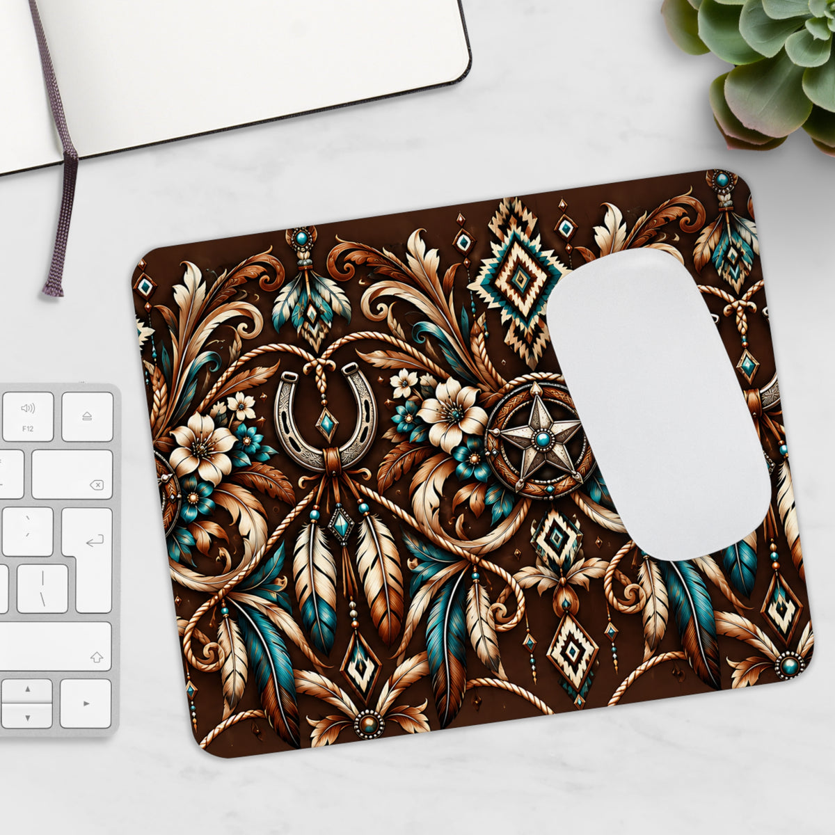 Western Hufeisen Mousepad – Cowboy Design in Braun & Türkis