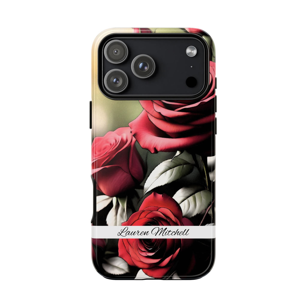 Personalisierte Rote Rose Handyhülle mit Namen – Robuste Handyhülle mit Blumen