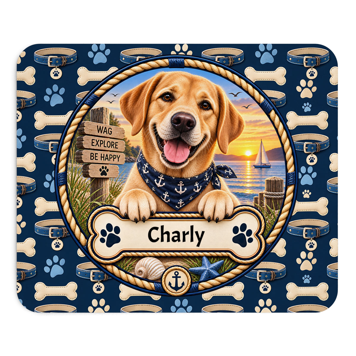 Personalisiertes Labrador-Mousepad mit Name – Maritimes Design