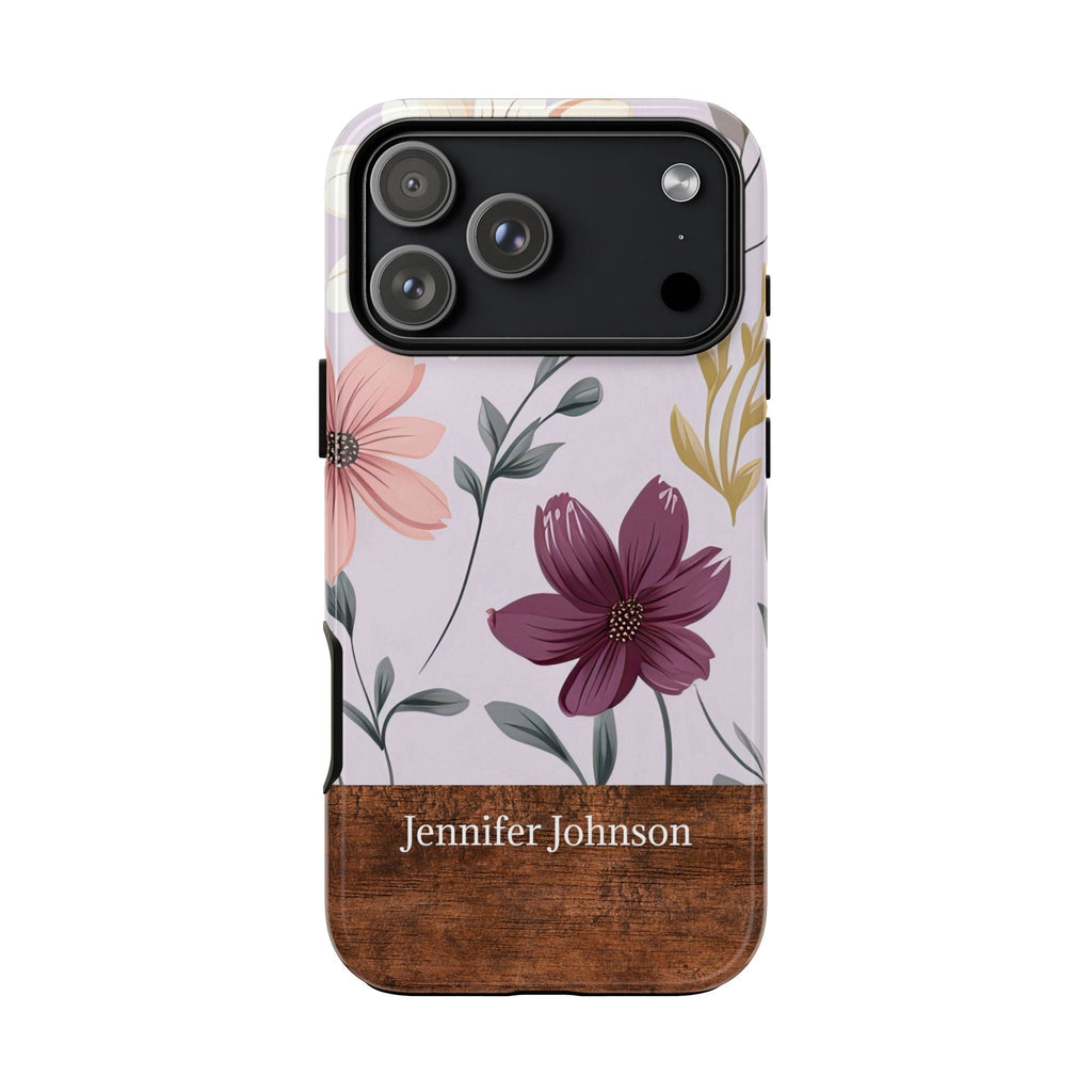 Personalisierte Blumen Handyhülle mit Namen – Robuste Handyhülle mit Holzoptik