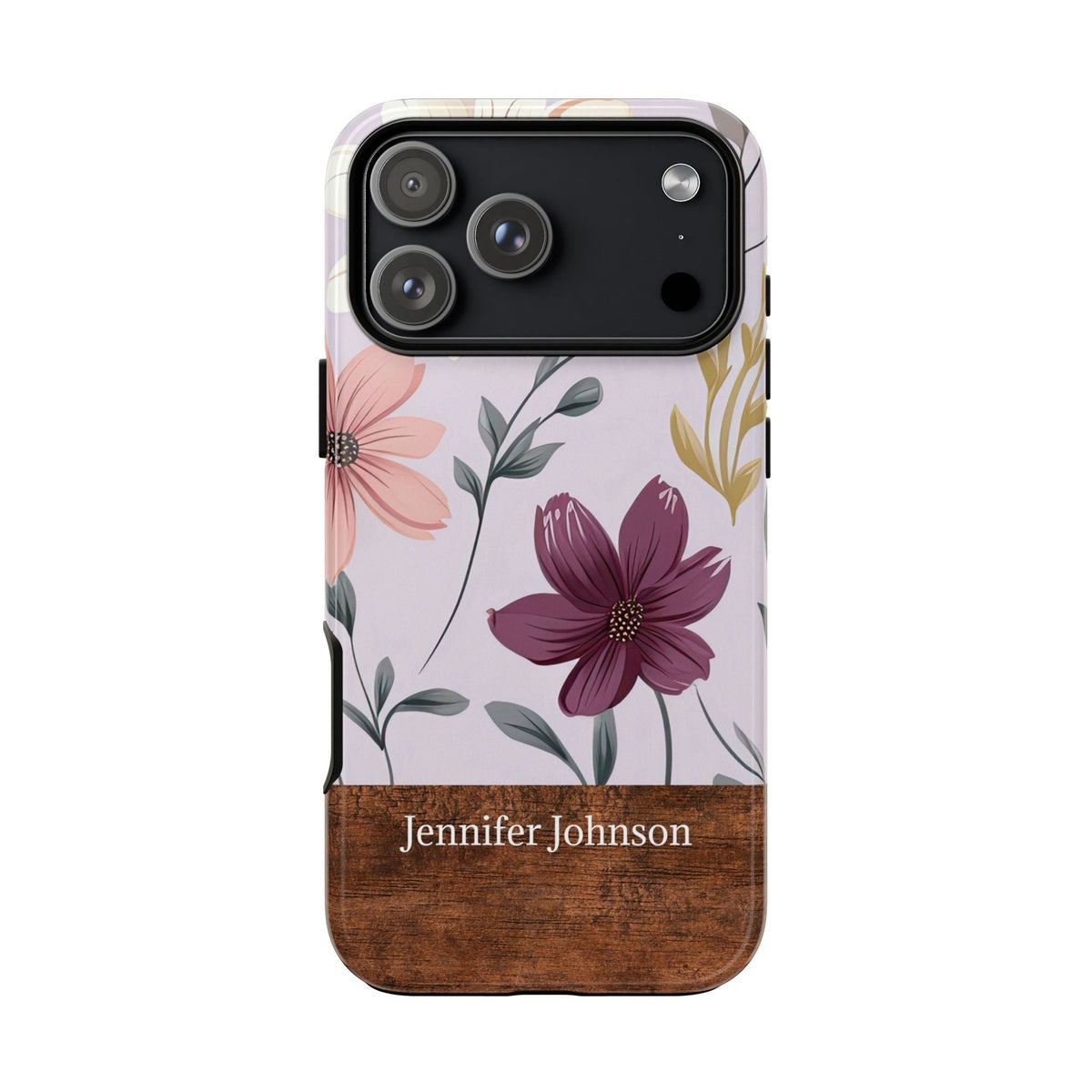 Personalisierte Blumen Handyhülle mit Namen – Robuste Handyhülle mit Holzoptik