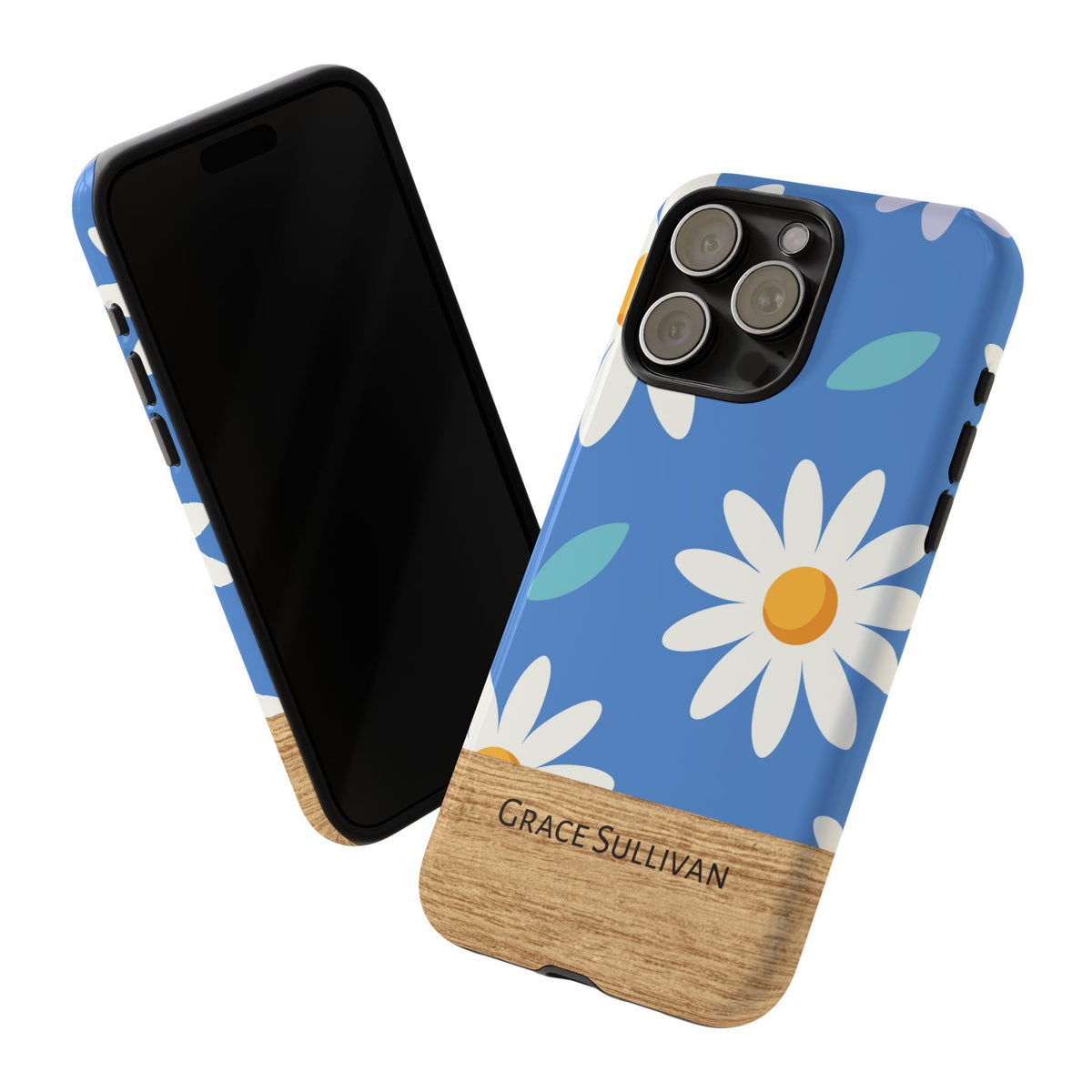 Personalisierte Gänseblümchen Handyhülle mit Namen – Robuste Handyhülle mit blauen Blumen & Holzoptik