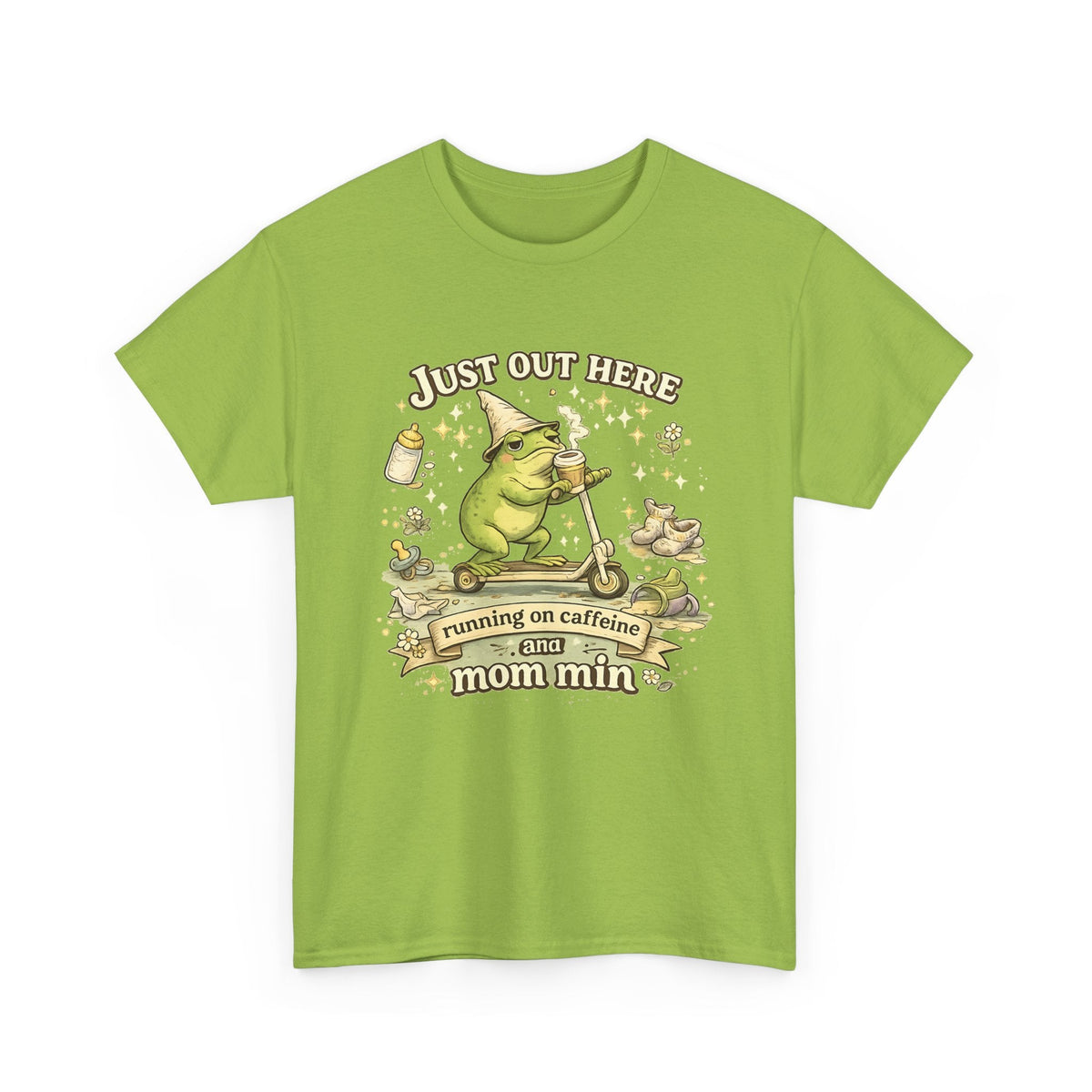“Running on Caffeine & Mommin’” T-Shirt – Lustige Mama, Kaffee & Frosch Grafik-T-Shirt