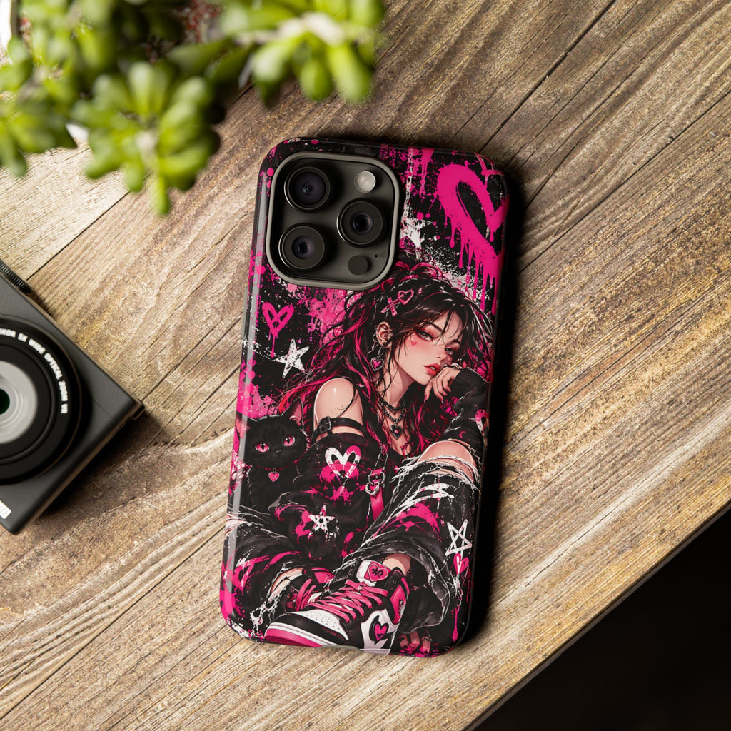 Gothic-Anime-Girl & schwarze Katze Handyhülle – Robuste Handyhülle im rosa Grunge-Stil
