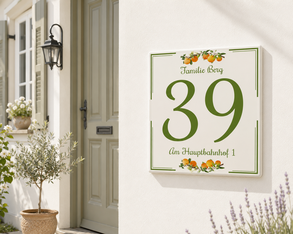 Personalisiertes Hausnummernschild mit Orangen – Keramik P3