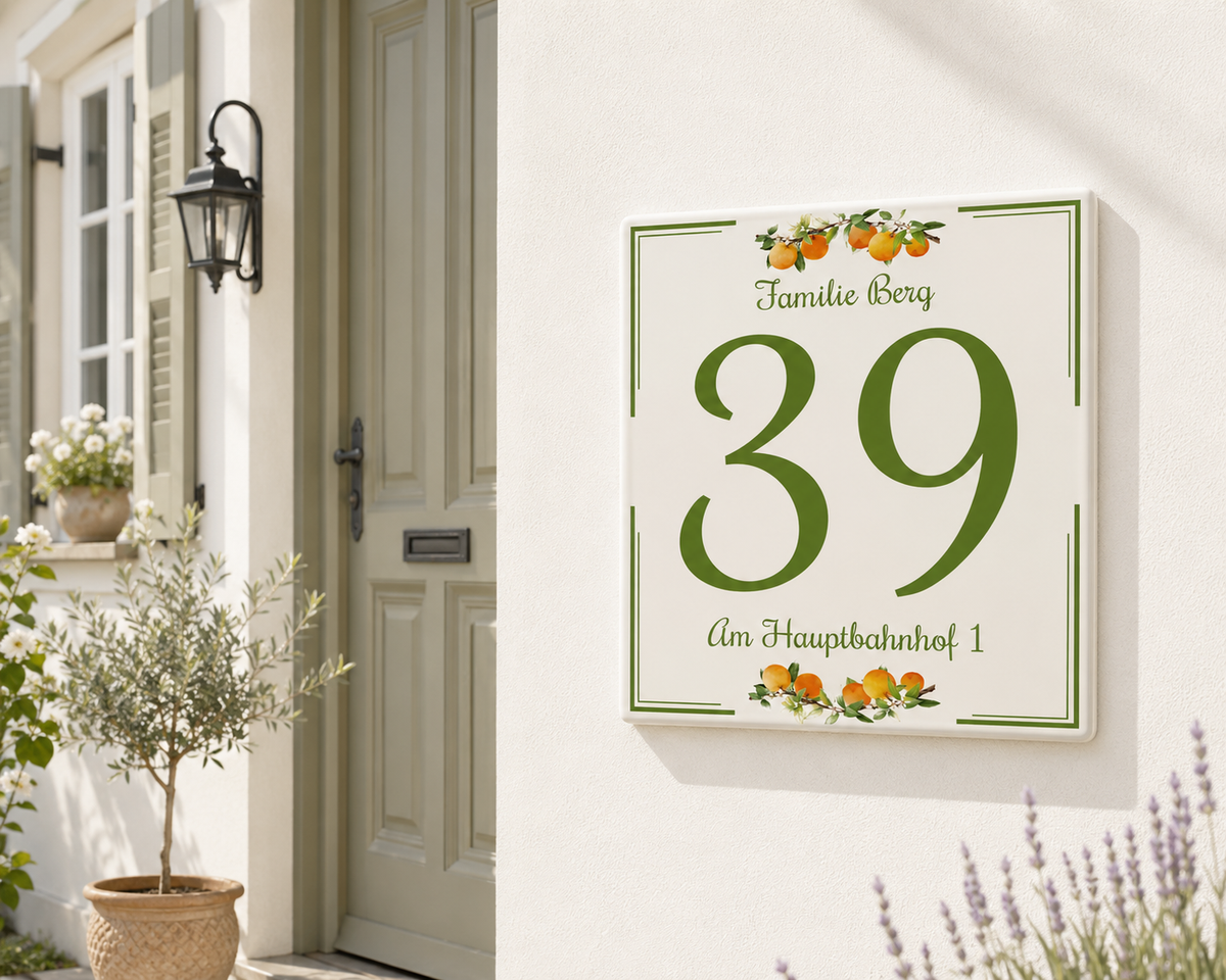 Personalisiertes Hausnummernschild mit Orangen – Keramik P3