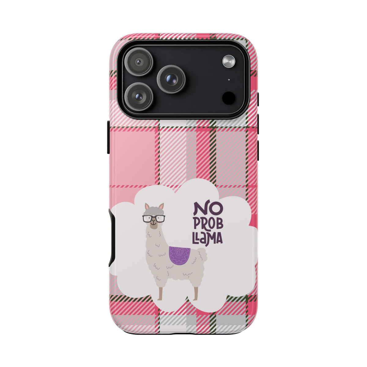 No Prob-Llama Handyhülle – Robuste Handyhülle mit rosa Karo & lustigem Lama