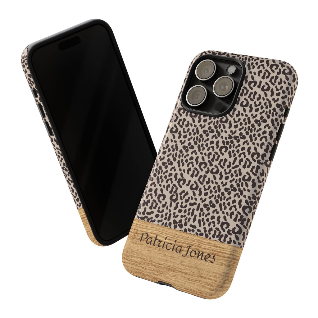 Personalisierte Leopardenmuster Handyhülle mit Namen – Robuste Handyhülle mit Holzoptik