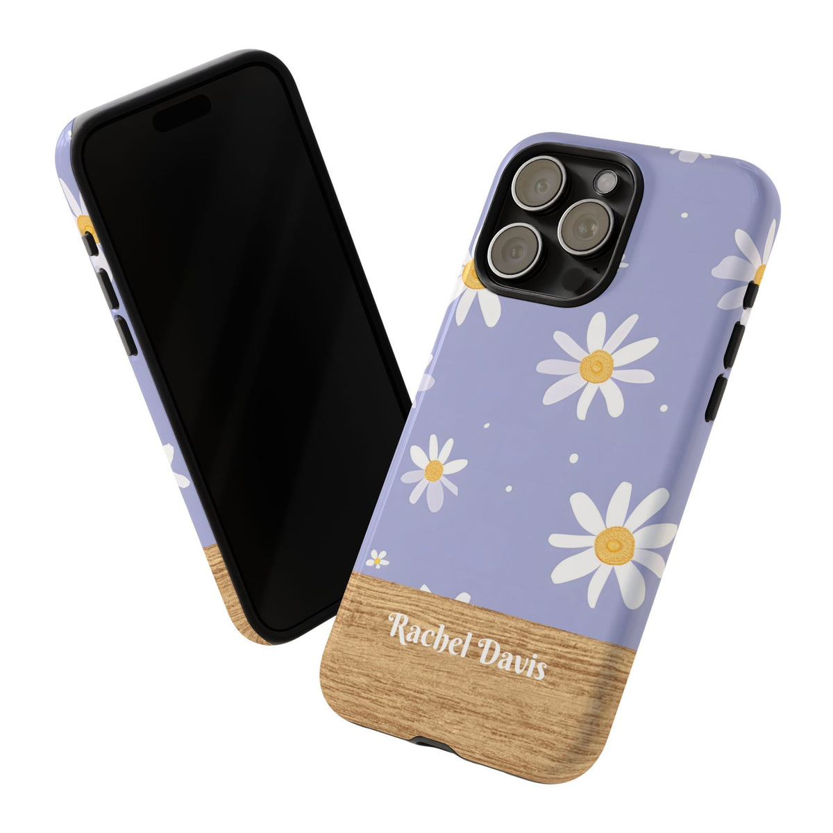Personalisierte Gänseblümchen Handyhülle mit Namen – Robuste Handyhülle mit Lavendelblüten & Holzoptik