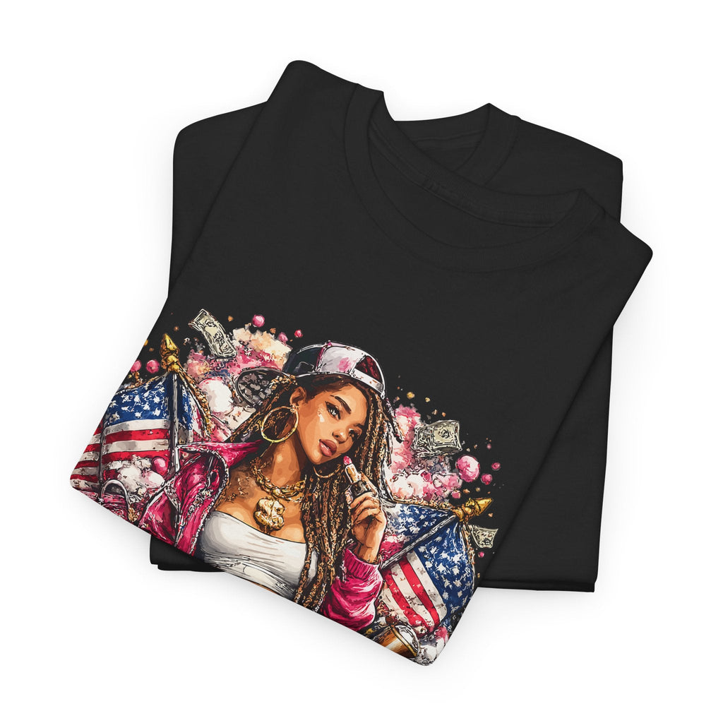 Streetwear Queen T-Shirt – Chicana Tattoo & US-Flagge Grafik-T-Shirt