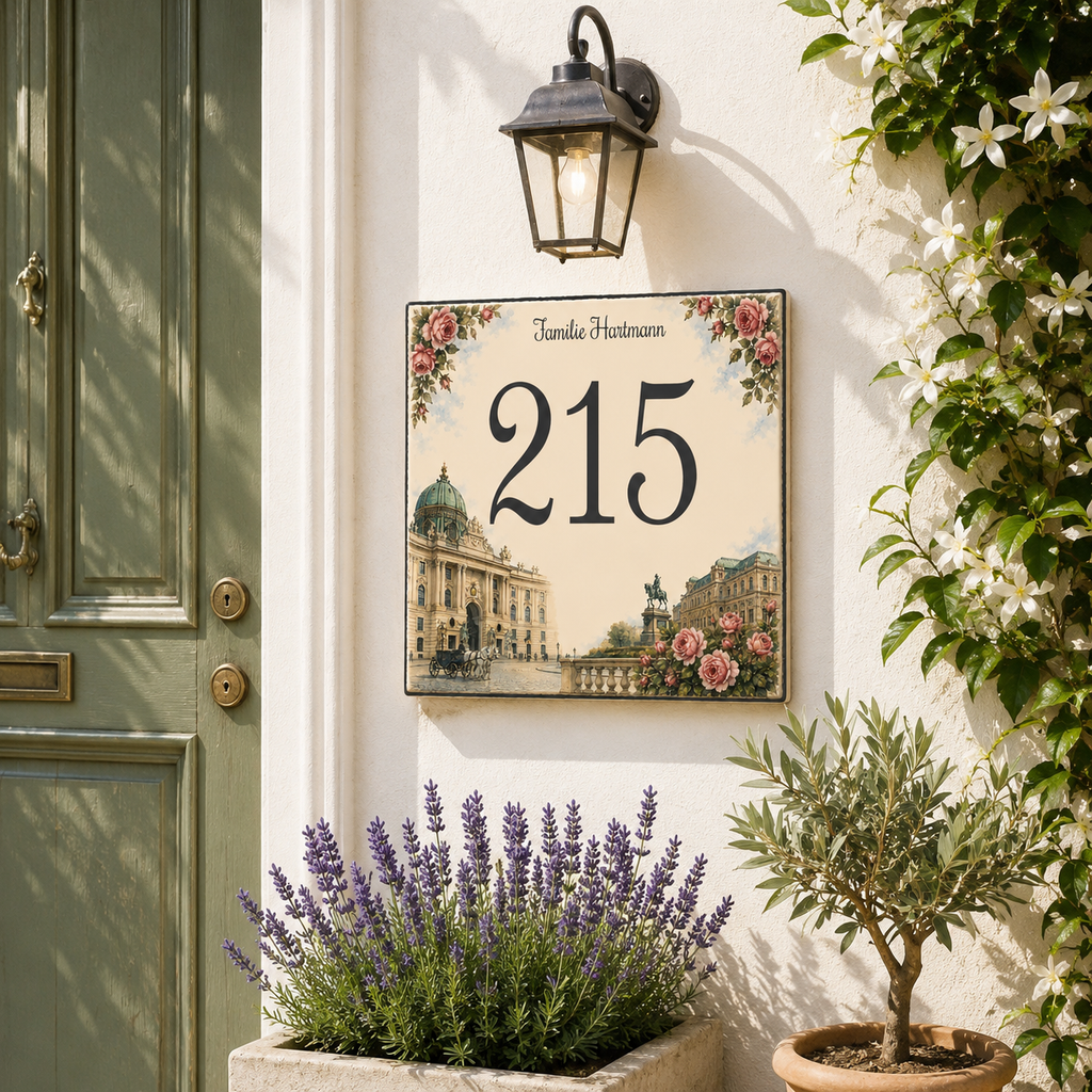 Personalisiertes Hausnummernschild Wien – Keramik 15 × 15 cm P59