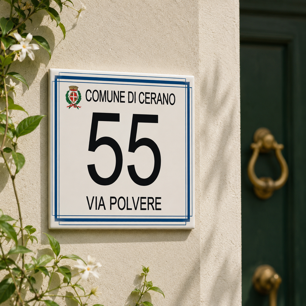 Personalisiertes Hausnummernschild mit Ortswappen – Keramik P24
