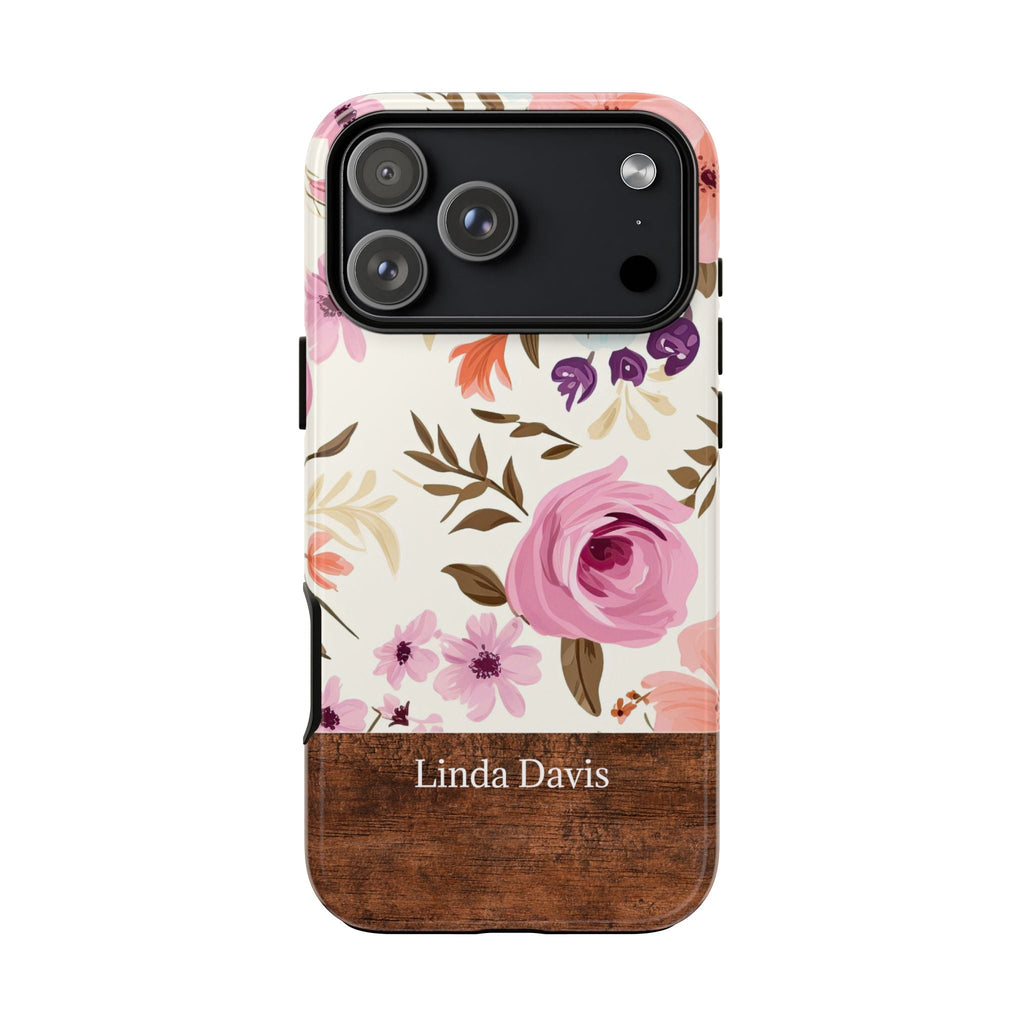 Personalisierte Blumen Handyhülle mit Namen – Robuste Handyhülle mit rosa Rosen & Holzoptik