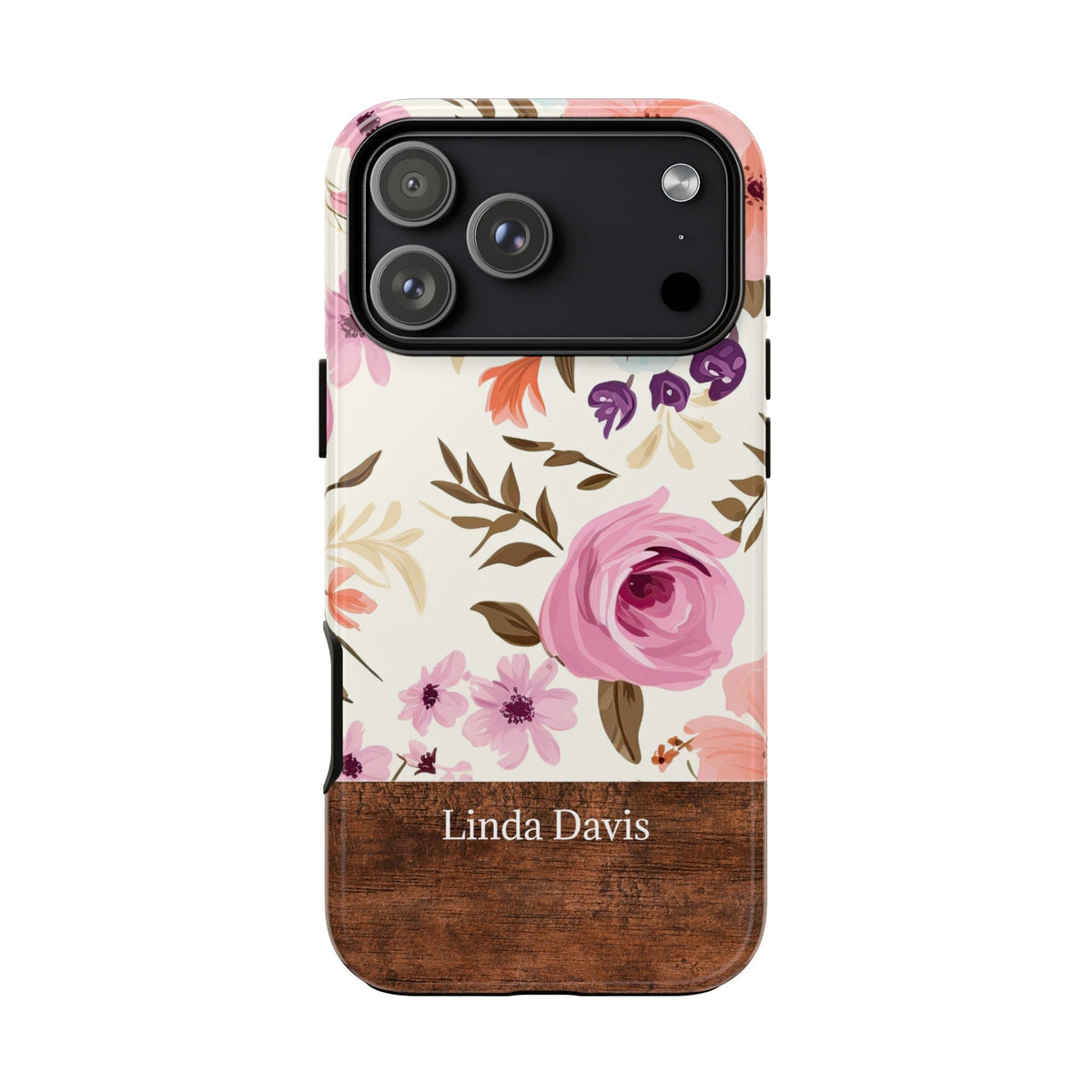 Personalisierte Blumen Handyhülle mit Namen – Robuste Handyhülle mit rosa Rosen & Holzoptik