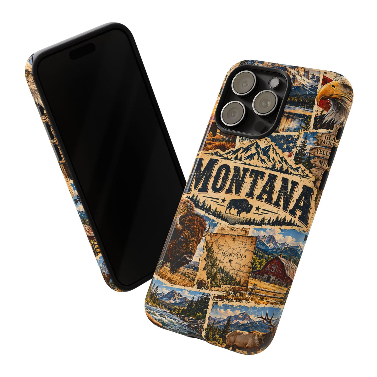 Montana-Reise-Collage Handyhülle – Robuste Handyhülle im Western-Vintage-Stil