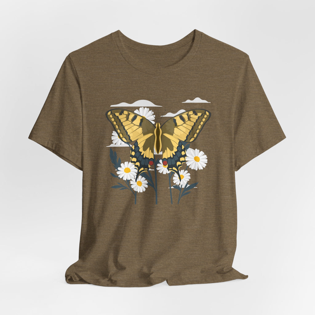 Butterfly Blumen & Natur T-Shirt Gelber Schmetterling T-Shirt, Wildblumen Grafik-T-Shirt, Geschenk für Naturliebhaber