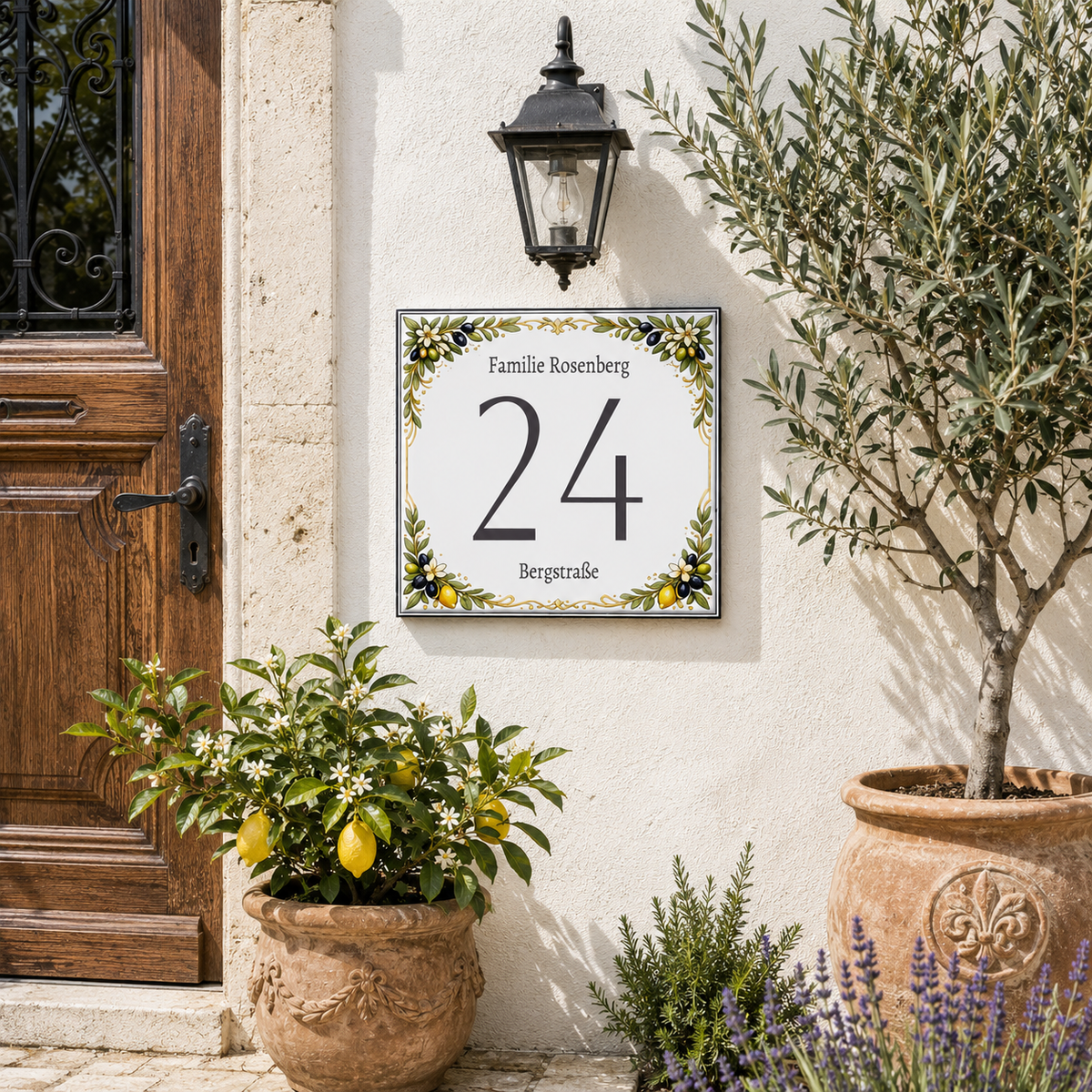 Personalisiertes Hausnummernschild Bari – Keramik 15 × 15 cm P81