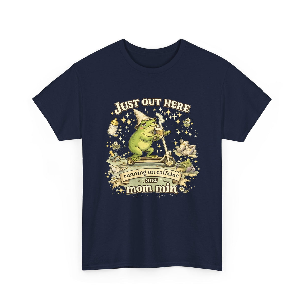 “Running on Caffeine & Mommin’” T-Shirt – Lustige Mama, Kaffee & Frosch Grafik-T-Shirt