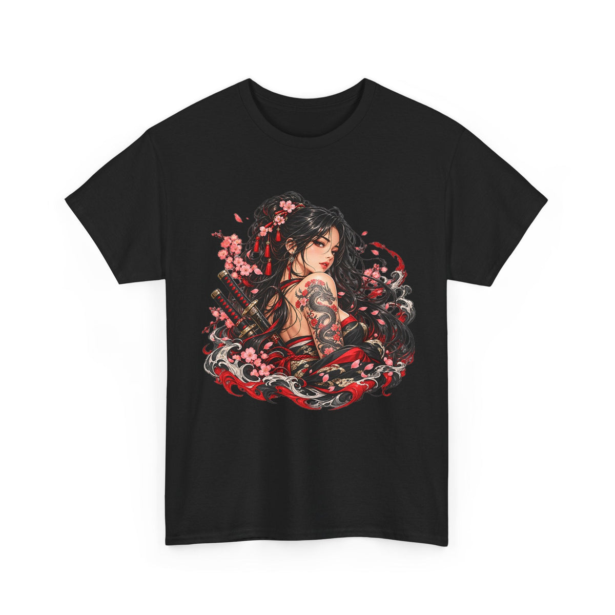 Japanese Samurai Girl T-Shirt – Dunkler Anime-Krieger Grafik-T-Shirt