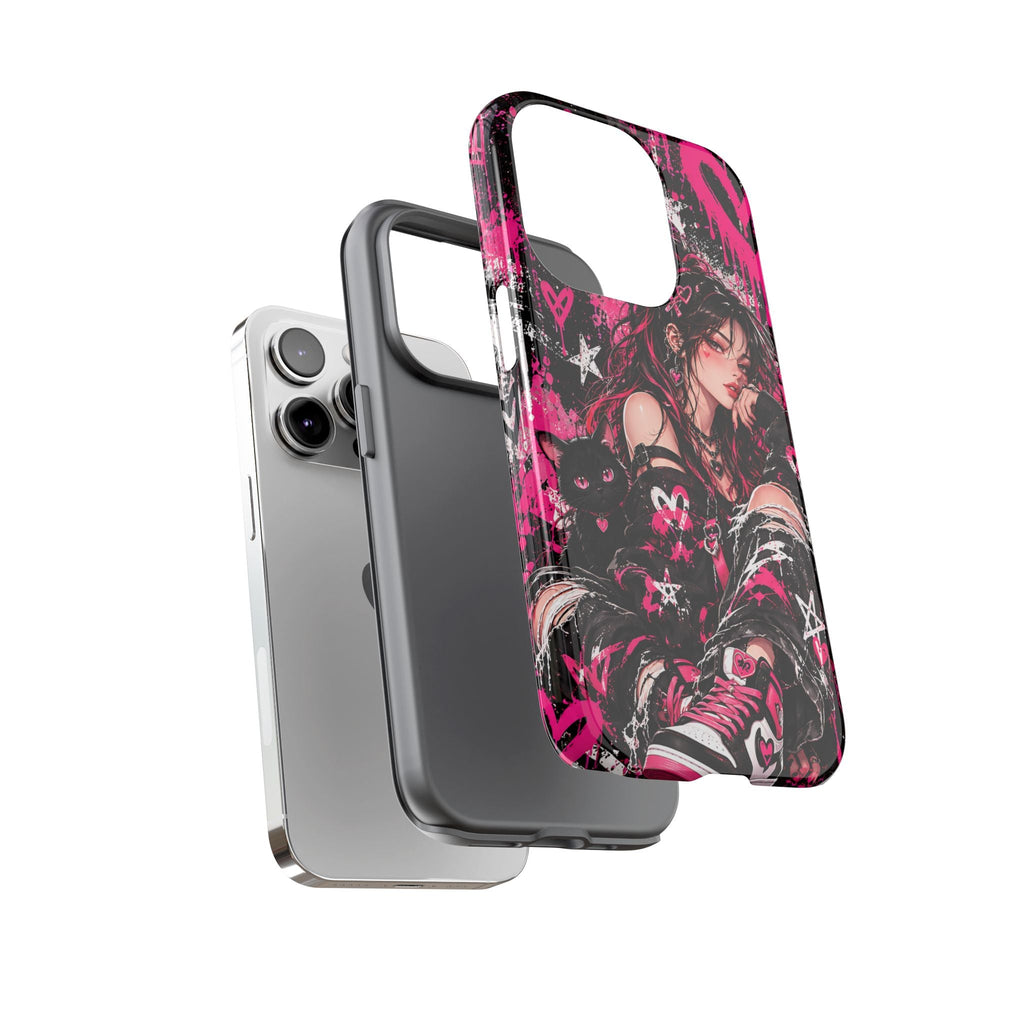 Gothic-Anime-Girl & schwarze Katze Handyhülle – Robuste Handyhülle im rosa Grunge-Stil