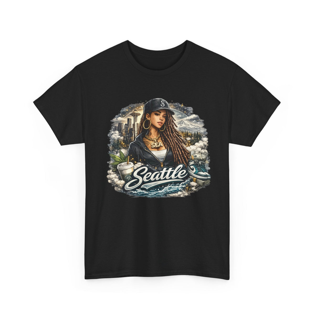 Seattle T-Shirt – Vintage Skyline, Kaffee & Porträt Grafik-T-Shirt