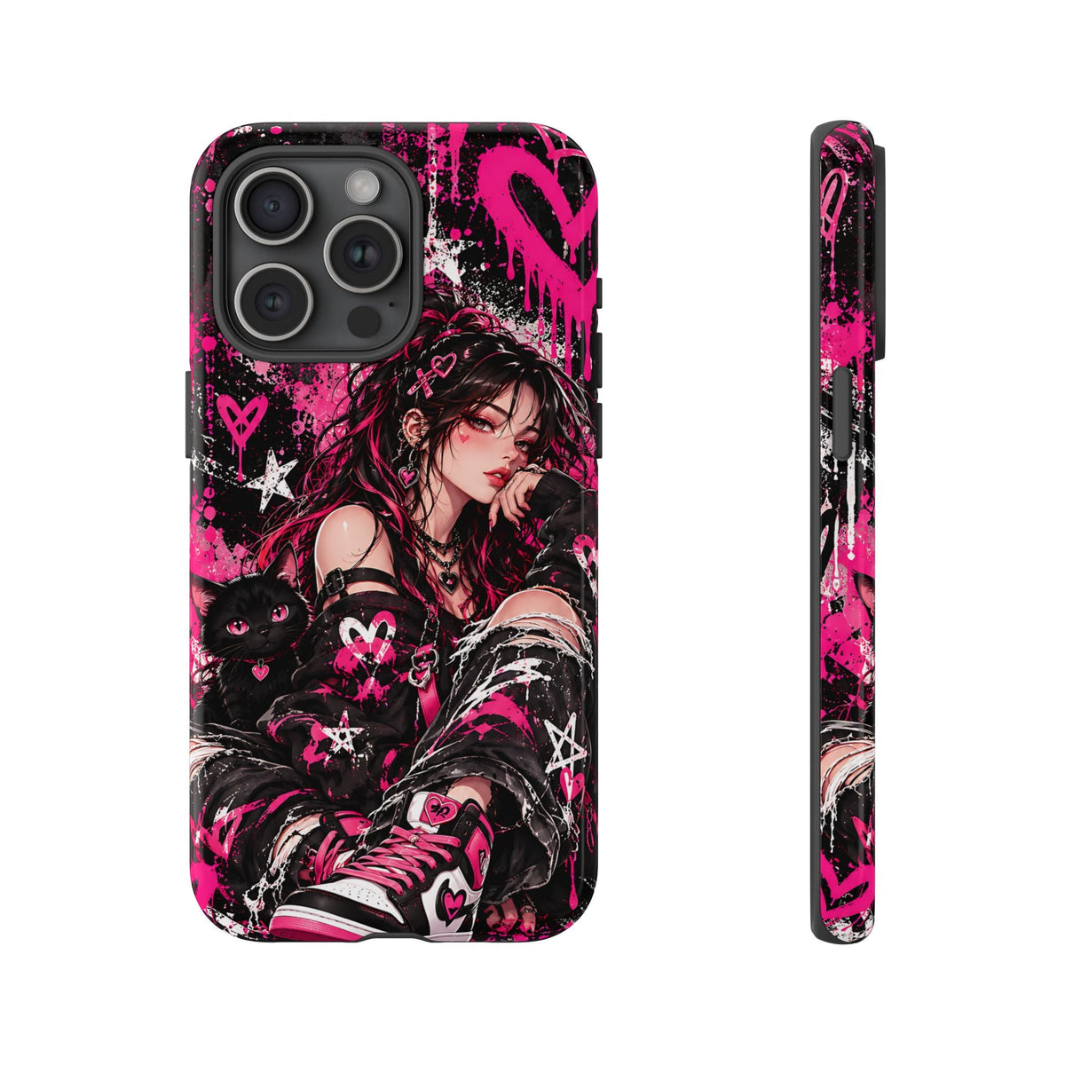 Gothic-Anime-Girl & schwarze Katze Handyhülle – Robuste Handyhülle im rosa Grunge-Stil