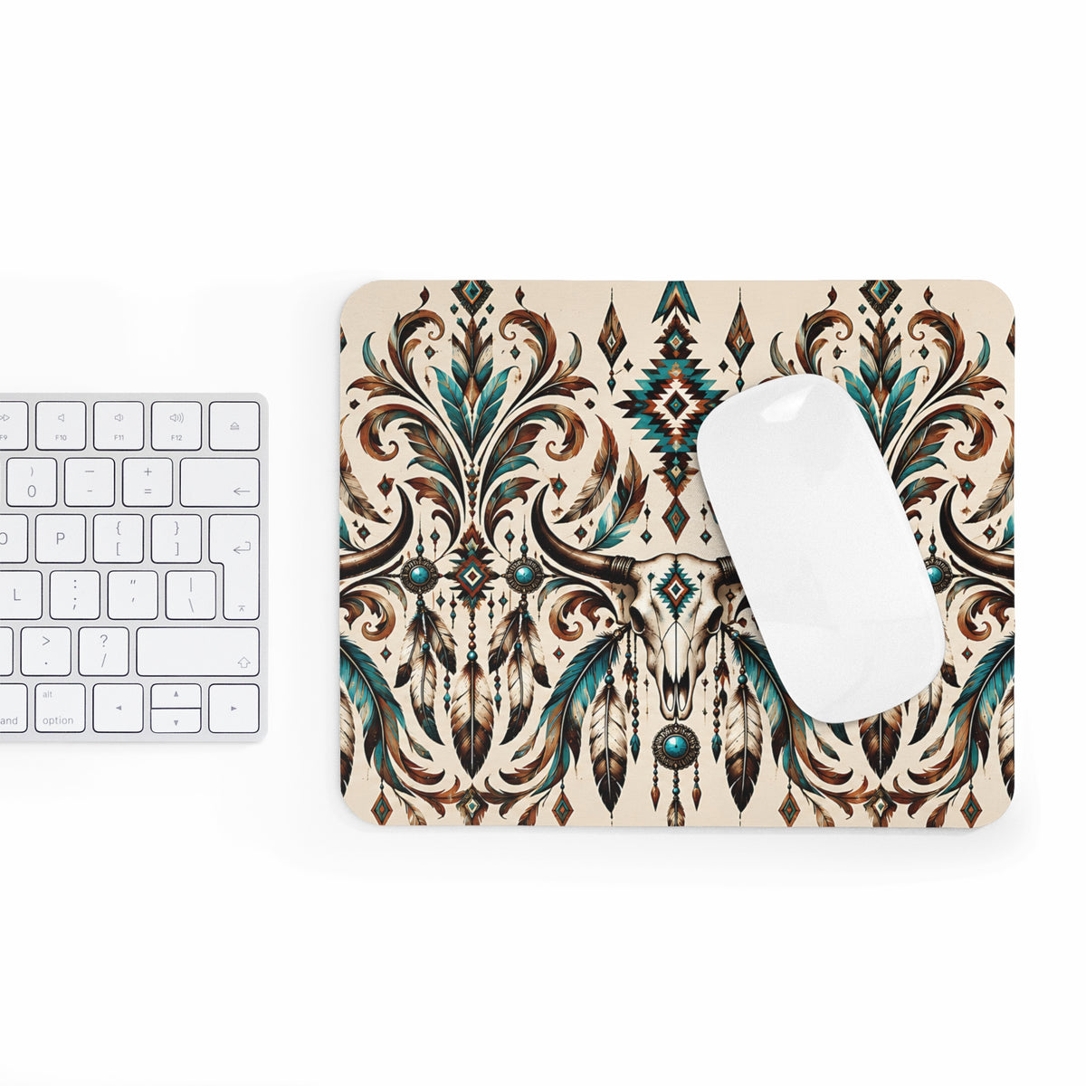 Western Longhorn Mousepad – Boho Design mit Federn